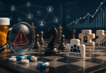 The Affiliate Marketing Minefield: Why Pharma Is Losing Control of Performance Media Magnifying glass over a chessboard with pharmaceutical pills and affiliate marketing symbols representing compliance risks in pharma performance media.