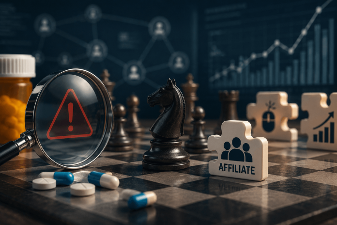 Magnifying glass over a chessboard with pharmaceutical pills and affiliate marketing symbols representing compliance risks in pharma performance media.