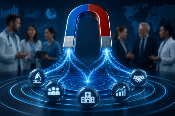 pharma-competitive-gravity-strategy-category-leadership Pharmaceutical marketing concept showing competitive gravity attracting scientific influence, stakeholder engagement, healthcare access, and market leadership.