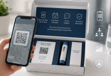 The Box Is the Brand: Why Pharma Is Turning Packaging into a Media Channel Specialty biologic packaging with a QR code being scanned by a smartphone, illustrating a pharma connected packaging strategy for patient onboarding, digital education, and adherence support.