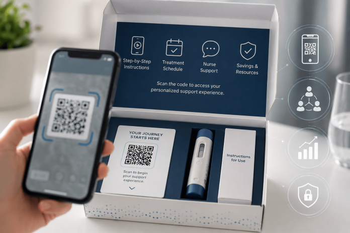 Specialty biologic packaging with a QR code being scanned by a smartphone, illustrating a pharma connected packaging strategy for patient onboarding, digital education, and adherence support.