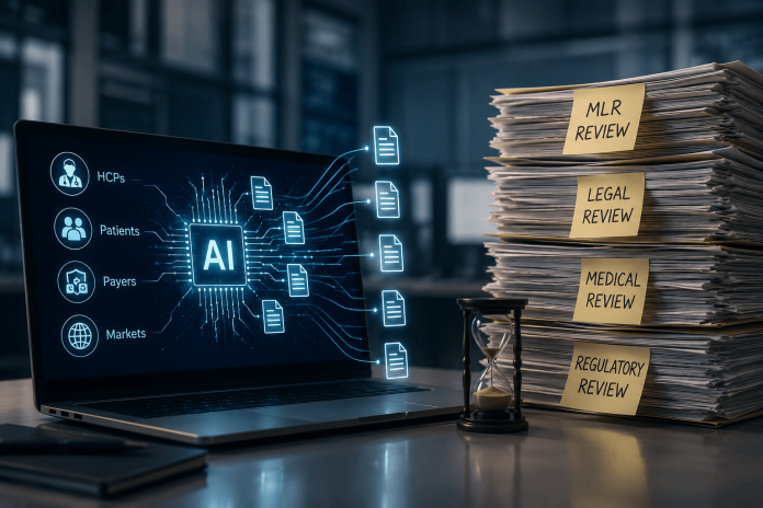 pharma-content-operations-strategy-ai-bottleneck AI-powered pharmaceutical content generation contrasted with medical, legal, and regulatory review processes, illustrating the personalization bottleneck in pharma content operations.