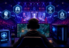 Why Pharma Brands Are Betting Big on Esports, Twitch, and Gaming Culture Professional esports gamer competing in a futuristic gaming arena with healthcare and wellness digital graphics representing pharma esports marketing.