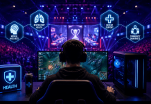 Why Pharma Brands Are Betting Big on Esports, Twitch, and Gaming Culture Professional esports gamer competing in a futuristic gaming arena with healthcare and wellness digital graphics representing pharma esports marketing.
