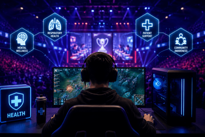 pharma-esports-marketing-twitch-gaming-culture Professional esports gamer competing in a futuristic gaming arena with healthcare and wellness digital graphics representing pharma esports marketing.