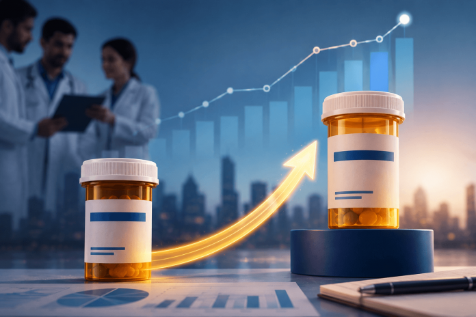 pharma-label-expansion-strategy-growth-playbook Pharmaceutical brand lifecycle management concept showing label expansion growth through new indications, market opportunities, and increased patient reach.