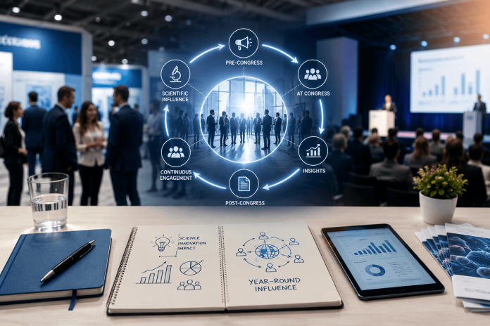 Pharmaceutical industry professionals networking at a medical congress with digital analytics and scientific engagement visuals illustrating a year-round congress strategy.