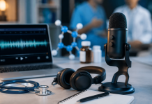 The Pharma Podcast Boom: Why Audio Is Becoming Healthcare’s Most Trusted Channel Professional healthcare podcast recording setup with microphone, headphones, and medical equipment representing pharma podcast marketing and HCP engagement.