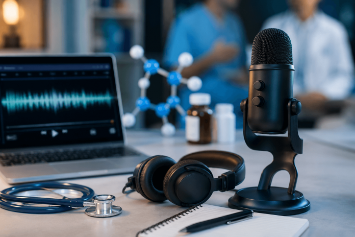 pharma-podcast-marketing Professional healthcare podcast recording setup with microphone, headphones, and medical equipment representing pharma podcast marketing and HCP engagement.