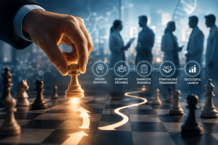 pre-launch-pharma-market-shaping-invisible-launch Strategic pharmaceutical launch planning showing healthcare experts, scientific collaboration, and market preparation activities before drug approval.