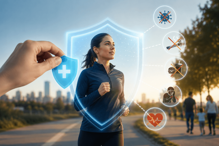 Healthy woman protected by a medical shield, illustrating a prevention marketing strategy for preventive pharmaceutical therapies and long-term health.