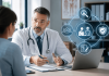 From Mechanism to Minutes: How Pharma Brands Win Over Primary Care Primary care physician discussing treatment options with a patient while digital healthcare and patient identification icons illustrate modern primary care pharma marketing.