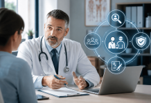 From Mechanism to Minutes: How Pharma Brands Win Over Primary Care Primary care physician discussing treatment options with a patient while digital healthcare and patient identification icons illustrate modern primary care pharma marketing.