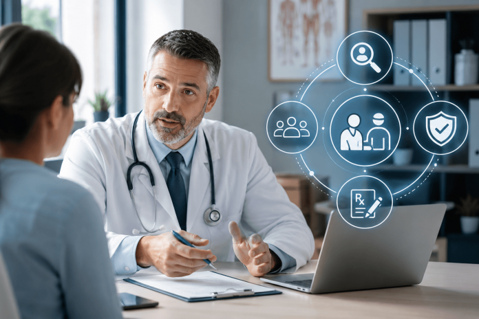 Primary care physician discussing treatment options with a patient while digital healthcare and patient identification icons illustrate modern primary care pharma marketing.