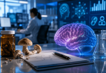 Rebranding Psychedelics: Pharma’s Marketing Challenge in Mental Health’s Most Controversial Category Modern pharmaceutical research lab exploring psychedelic therapies for mental health treatment with mushrooms, neuroscience visuals, and clinical technology