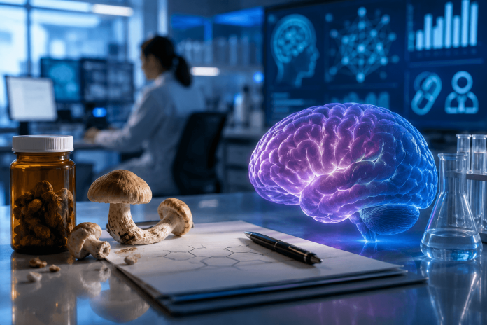 Modern pharmaceutical research lab exploring psychedelic therapies for mental health treatment with mushrooms, neuroscience visuals, and clinical technology