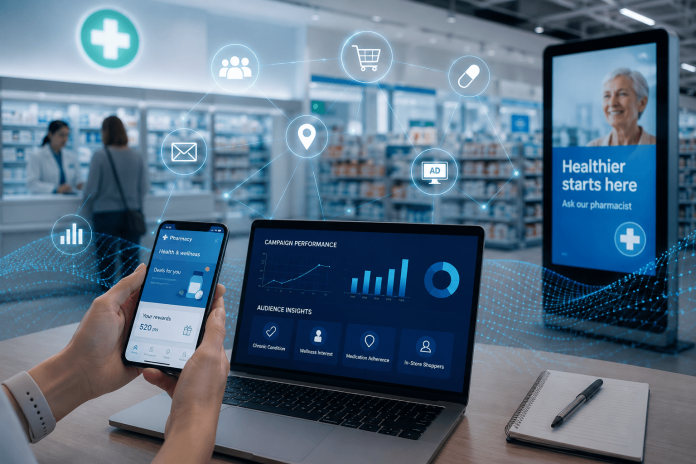 retail-pharmacy-media-strategy-healthcare-advertising Modern retail pharmacy using digital media networks, patient data analytics, and healthcare advertising technology inside a pharmacy setting.