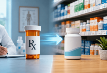 From Prescription to Shelf: How Pharma Brands Survive the OTC Transition Prescription-to-OTC transition concept showing a prescription medicine evolving into a consumer healthcare product on a pharmacy shelf.