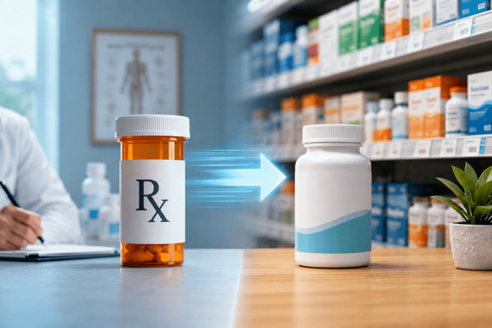 rx-to-otc-marketing Prescription-to-OTC transition concept showing a prescription medicine evolving into a consumer healthcare product on a pharmacy shelf.