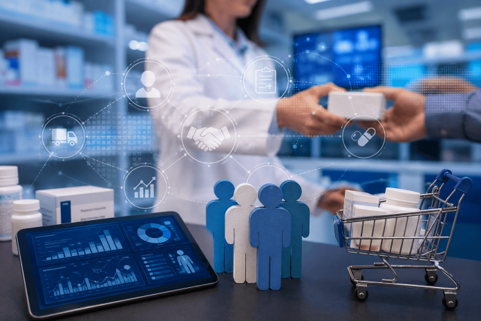 specialty-pharmacy-marketing-power-shift Specialty pharmacy marketing concept showing patient engagement, dispensing networks, healthcare analytics, and pharmacy support services.