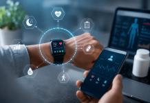 The Biometric Trigger: When Wearable Data Becomes a Marketing Signal Healthcare professional reviewing smartwatch biometric data and patient health metrics on a smartphone, illustrating a wearable-integrated marketing strategy for personalized pharmaceutical engagement.