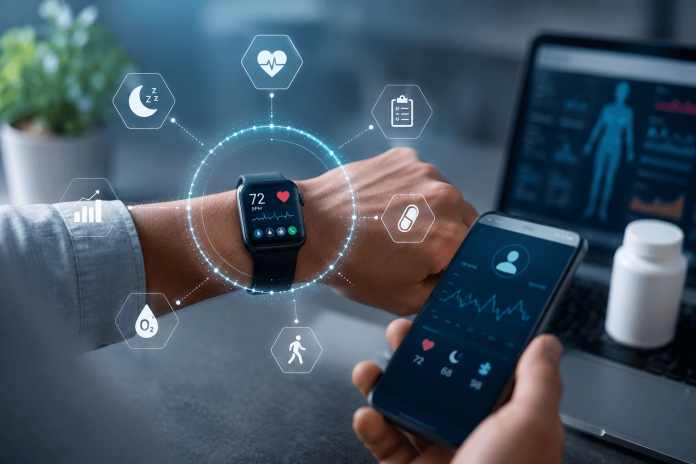 Healthcare professional reviewing smartwatch biometric data and patient health metrics on a smartphone, illustrating a wearable-integrated marketing strategy for personalized pharmaceutical engagement.