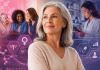 Breaking the Menopause Marketing Stigma: How Pharma Is Adapting to the FemTech Era Middle-aged woman surrounded by digital healthcare technology and diverse women discussing menopause and FemTech innovation