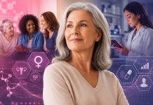 Breaking the Menopause Marketing Stigma: How Pharma Is Adapting to the FemTech Era Middle-aged woman surrounded by digital healthcare technology and diverse women discussing menopause and FemTech innovation