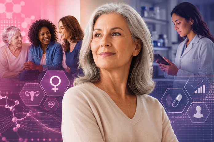 Middle-aged woman surrounded by digital healthcare technology and diverse women discussing menopause and FemTech innovation