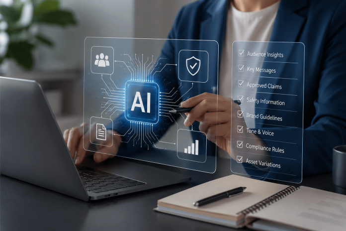 ai-creative-operations-pharma-creative-brief Pharmaceutical marketer using an AI-powered creative workflow dashboard to develop compliant marketing campaigns with automated prompts and collaborative digital tools.
