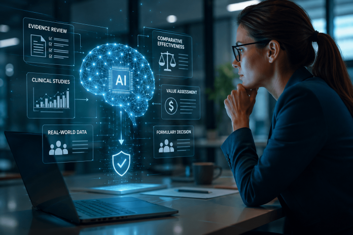 ai-formulary-access-strategy-marketing-to-the-machine Healthcare market access professional reviewing AI-powered evidence analysis dashboards for formulary decision support and reimbursement strategy.
