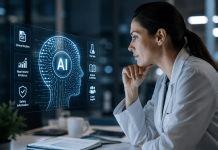 What Happens When AI Starts Reading Pharma Marketing Before Doctors Do? Healthcare professional reviewing AI-generated medical insights as an artificial intelligence assistant analyzes pharmaceutical research and scientific content.
