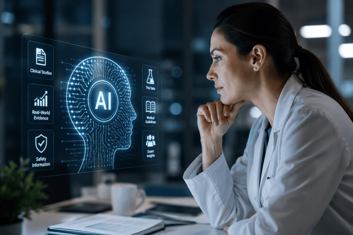 Healthcare professional reviewing AI-generated medical insights as an artificial intelligence assistant analyzes pharmaceutical research and scientific content.