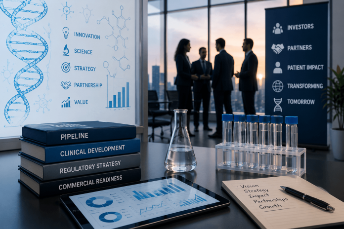 before-you-market-the-drug-market-the-company-biotech-pre-commercial-marketing Biotech executives reviewing clinical development strategy and corporate branding in a modern life sciences office before commercial drug launch.