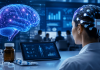 When Drugs Meet Brain Tech: Pharma’s Next Marketing Frontier Researcher reviewing a brain-computer interface system with digital brain visualization, connected neurotechnology, and pharmaceutical therapies in a modern healthcare innovation lab.