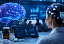 When Drugs Meet Brain Tech: Pharma’s Next Marketing Frontier Researcher reviewing a brain-computer interface system with digital brain visualization, connected neurotechnology, and pharmaceutical therapies in a modern healthcare innovation lab.