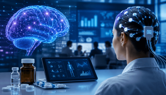 Researcher reviewing a brain-computer interface system with digital brain visualization, connected neurotechnology, and pharmaceutical therapies in a modern healthcare innovation lab.