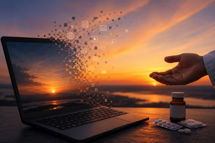 Laptop dissolving into digital assets at sunset beside pharmaceutical packaging, representing brand lifecycle operations and the responsible retirement of pharmaceutical digital ecosystems.