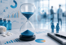 How Long Does a Great Pharma Campaign Actually Last? Probably Less Than You Think Pharmaceutical marketing analytics dashboard with an hourglass symbolizing campaign optimization, creative fatigue, and extending the lifespan of digital marketing campaigns.