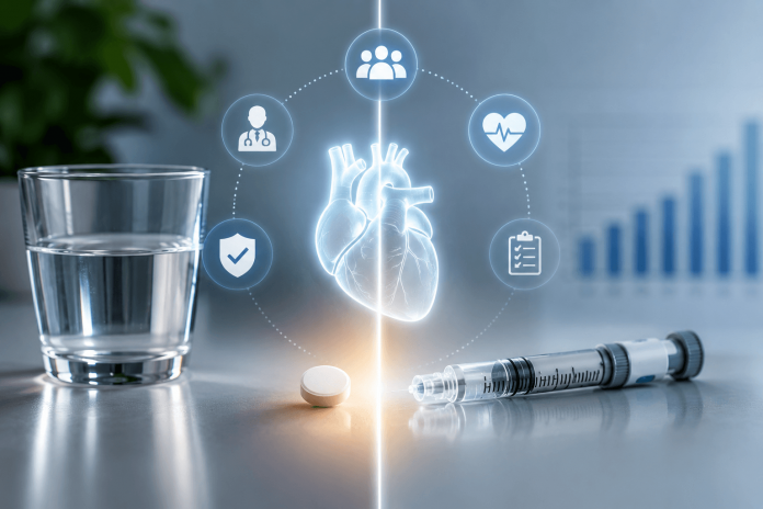 category-marketing-pharma-oral-pcsk9-therapy Conceptual illustration of an oral PCSK9 cholesterol therapy tablet beside an injectable syringe, representing how convenient oral treatments are reshaping pharmaceutical category marketing and cardiovascular care.