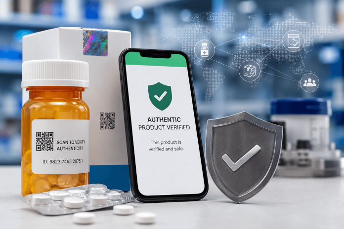 counterfeit-drugs-dtc-brand-trust-pharma-marketing Pharmaceutical packaging with authentication technology, QR code verification, tamper-evident seals, and prescription medicine illustrating how counterfeit prevention builds DTC brand trust.