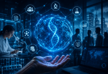 The DeSci Revolution: When Medical Research No Longer Starts Inside Pharma Scientists collaborating through decentralized digital research networks with blockchain technology connecting global pharmaceutical innovation.