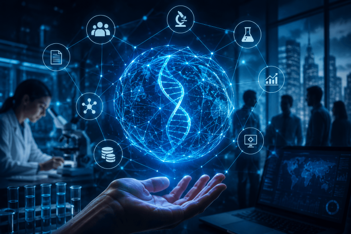 decentralized-science-pharma-strategy Scientists collaborating through decentralized digital research networks with blockchain technology connecting global pharmaceutical innovation.