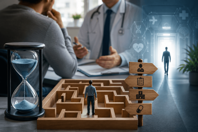 early-diagnosis-marketing-diagnosis-treatment-gap Physician consulting with a patient while visual elements symbolize diagnosis delays, referral pathways, and the journey from early diagnosis to timely treatment.