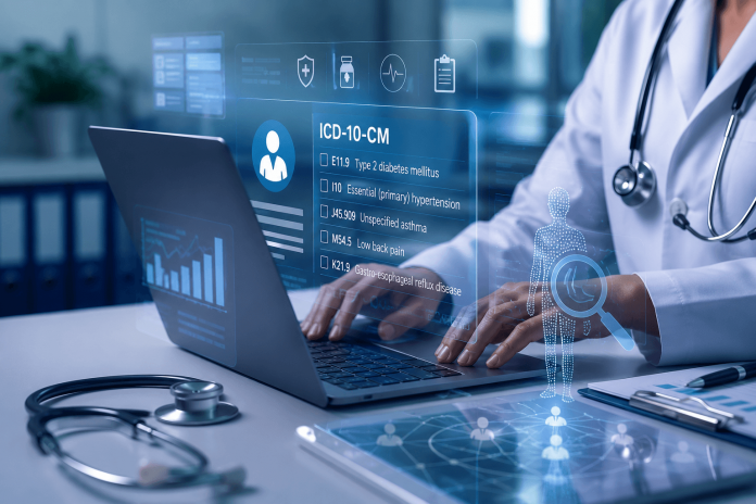Healthcare provider reviewing electronic health records with diagnostic coding data and digital patient analytics on a computer dashboard.