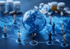 The Borderless Brand: Why National Marketing Plans No Longer Work Healthcare professionals connected across a digital world map, representing global pharmaceutical branding, cross-border marketing, and international healthcare communication.