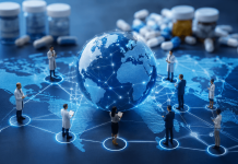 The Borderless Brand: Why National Marketing Plans No Longer Work Healthcare professionals connected across a digital world map, representing global pharmaceutical branding, cross-border marketing, and international healthcare communication.