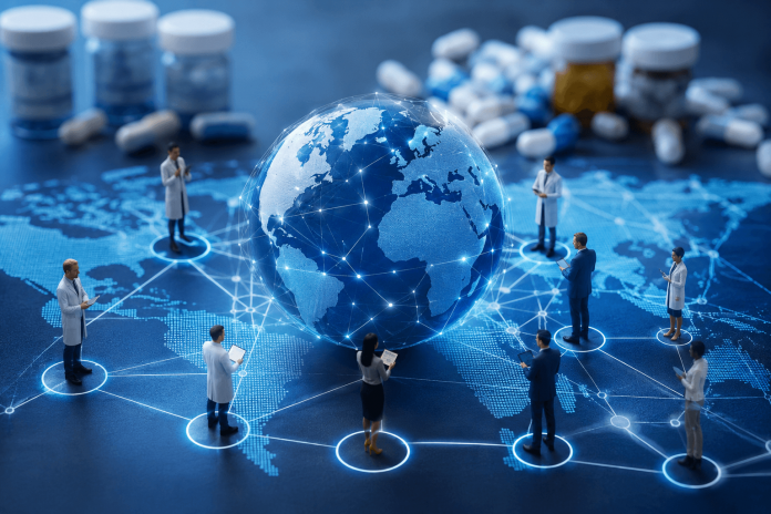 global-pharma-brand-equity-borderless-digital-marketing Healthcare professionals connected across a digital world map, representing global pharmaceutical branding, cross-border marketing, and international healthcare communication.
