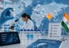 From Generic Giant to Global Innovator: How India Is Rebranding Pharma Indian pharmaceutical scientist in a modern research laboratory with a global network map, representing India's global pharma brand strategy and pharmaceutical innovation.