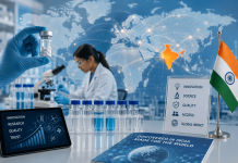 From Generic Giant to Global Innovator: How India Is Rebranding Pharma Indian pharmaceutical scientist in a modern research laboratory with a global network map, representing India's global pharma brand strategy and pharmaceutical innovation.